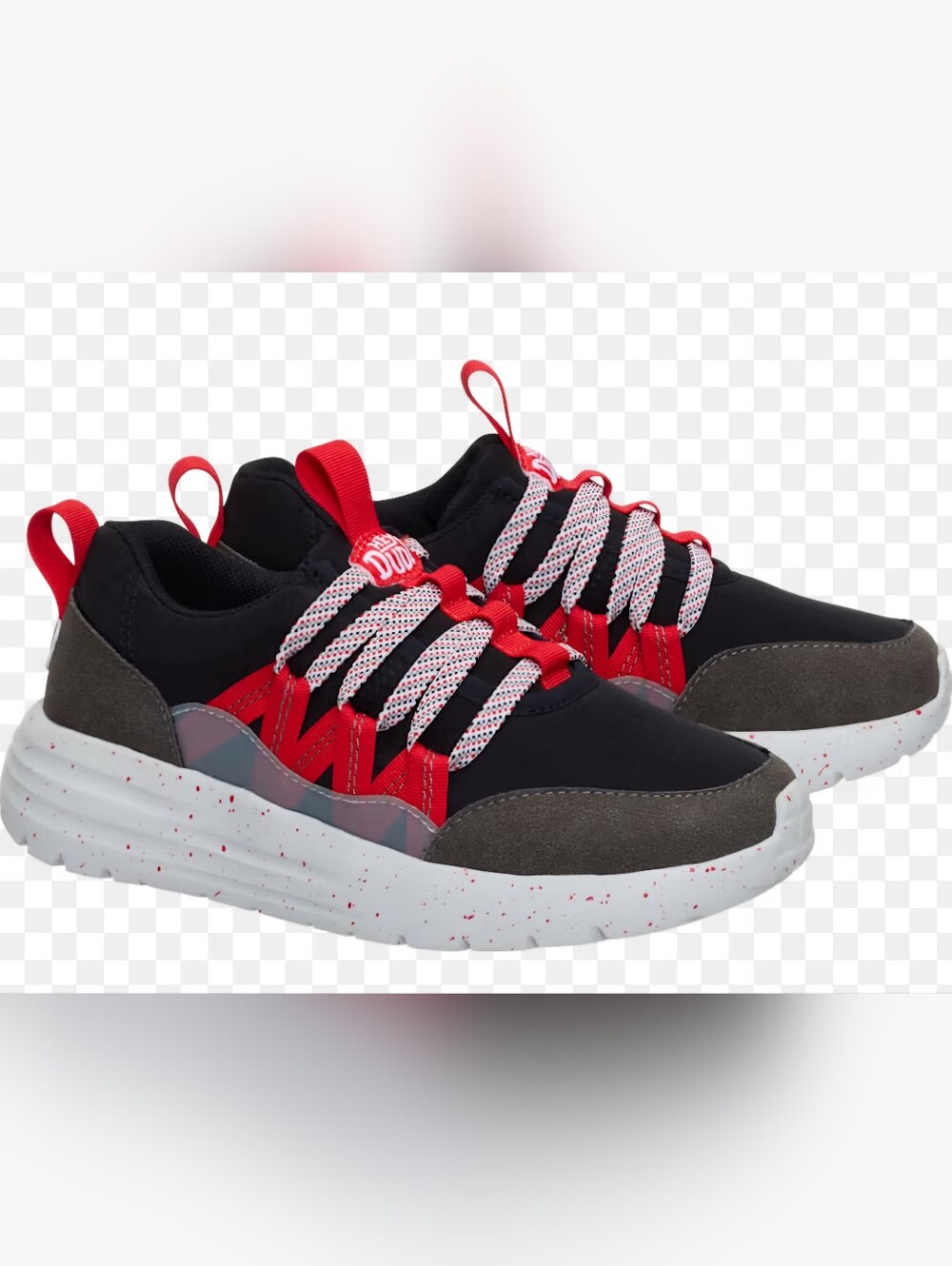 HEY DUDE Boys Sirocco Trek Slip on Sneakers Youth size 2 Black/red/grey